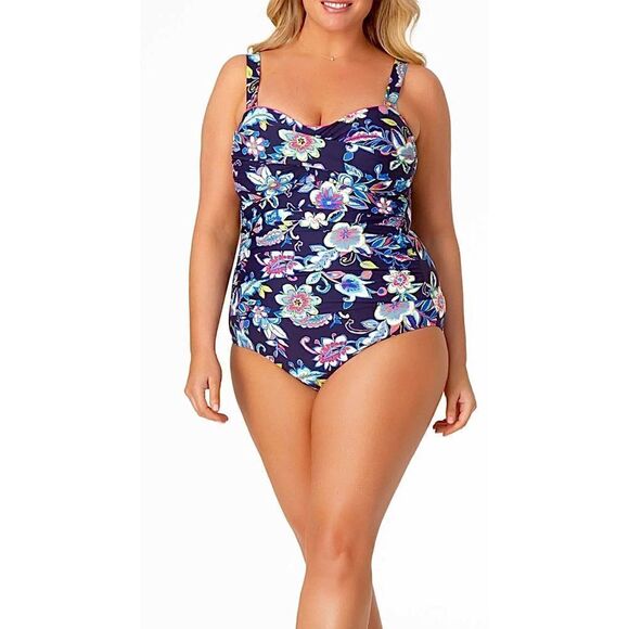 New. Anne Cole Navy floral bandeau swimsuit. 16W - Picture 2 of 9